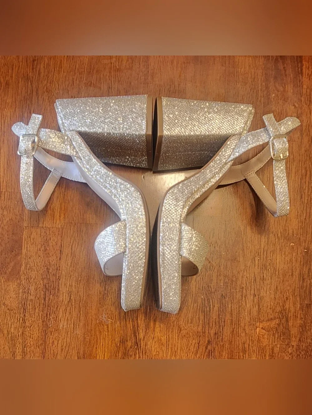 Gold Sparkle Platform Chunky Block Heel Sandals Women's Gogo 70s Y2K Date, 5.5